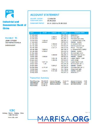 Realistic China Industrial and Commercial Bank of China bank statement word download for verification
